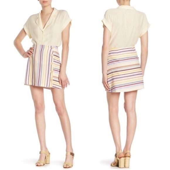 Lush Rainbow Striped Front Button Linen Micro Mini Skirt - Picture 3 of 8